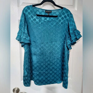Lane Bryant Dark Turquoise Polka Dot Ruffled Sleeve Blouse in Size 20